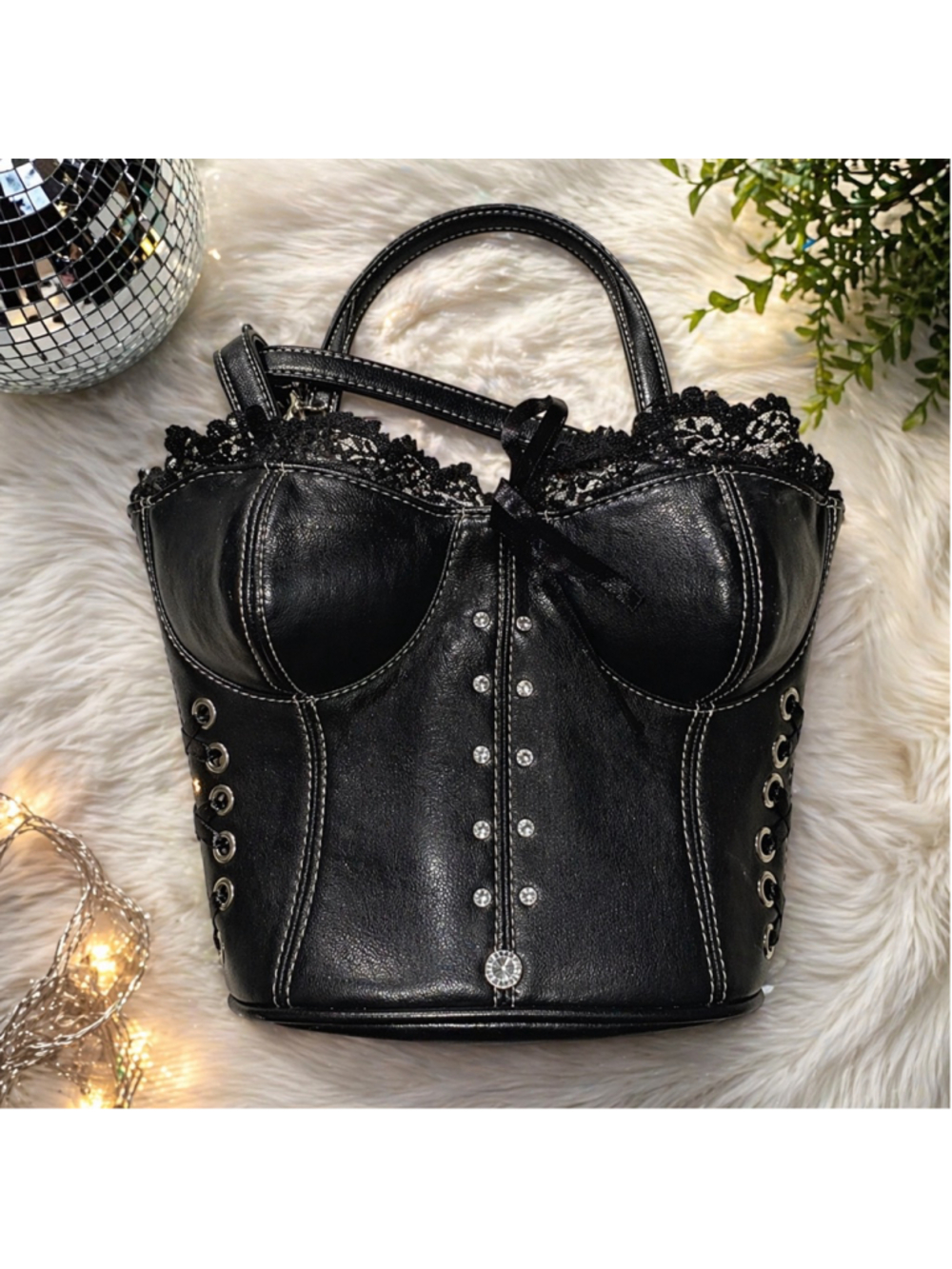Y2K ForMe Corset Mini Bag Black Lace Studded Top Handle